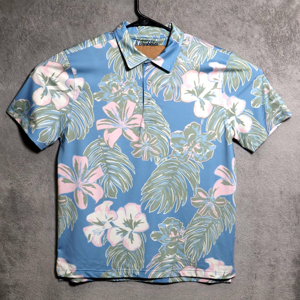 Chubbies Polo Shirt Mens Small Blue Green Tropical Floral Print Golf Stretch - Picture 2 of 8